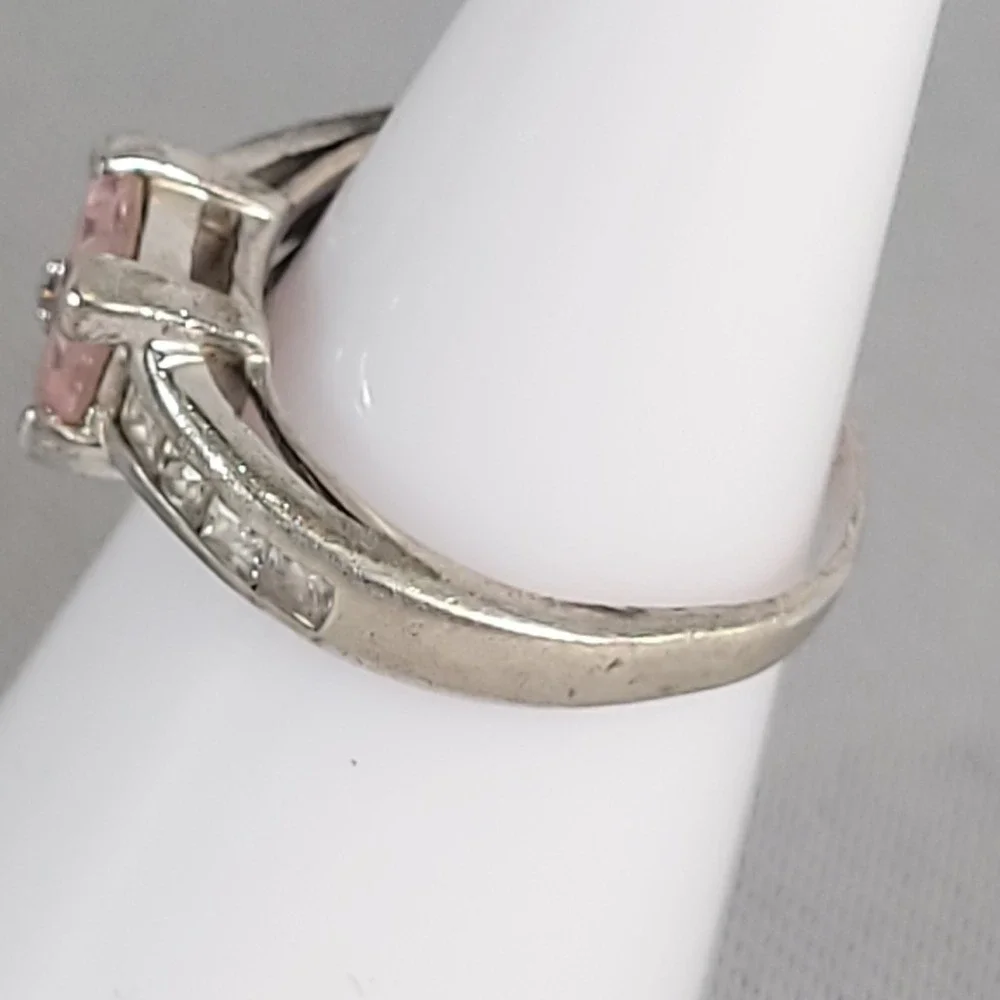 Sterling Silver 925 Pink Princess Cut Glass Ring‎ Size 6 Clear Accents Jewelry